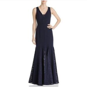 Eliza J Laguna Lace Inset Trumpet Gown In Navy Blue Size 4